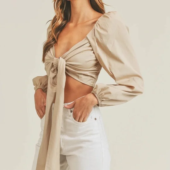 NEW Mable Angel Front Ribbon Self Tie Long sleeve puff shoulder crop top Size M - Picture 1 of 11